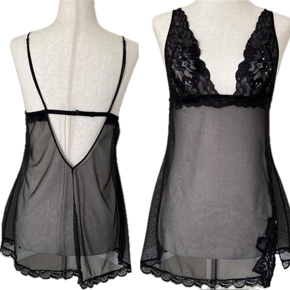 Victorias Secret Lace Lingerie Medium Nightgown Mesh Black Slip Y2K Babydoll - Picture 1 of 15